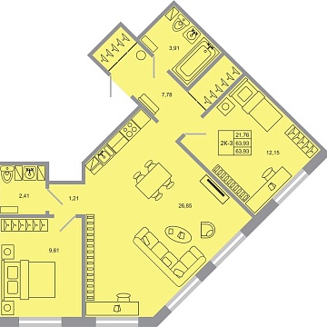 Объявление 2-к квартира, 63.93м2, 2/17 эт