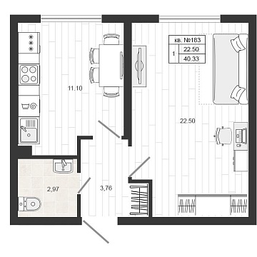 Объявление 1-к квартира, 40.6м2, 1/4 эт