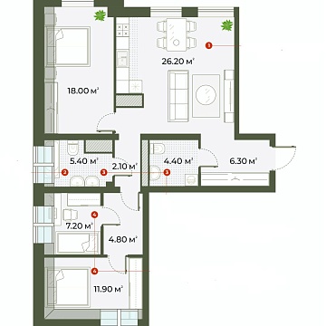 Объявление 2-к квартира, 87.9м2, 6/6 эт
