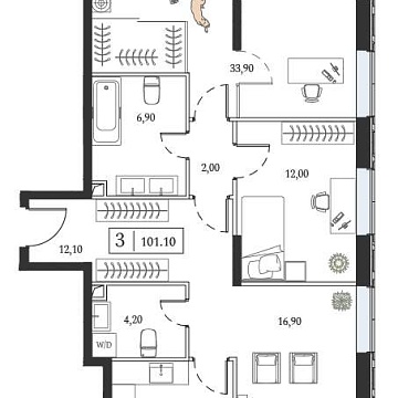 Объявление 3-к квартира, 101.1м2, 2/6 эт