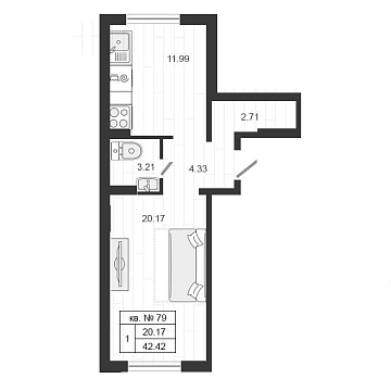 Объявление 1-к квартира, 42.8м2, 4/4 эт
