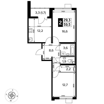 Объявление 2-к квартира, 59.5м2, 24/25 эт