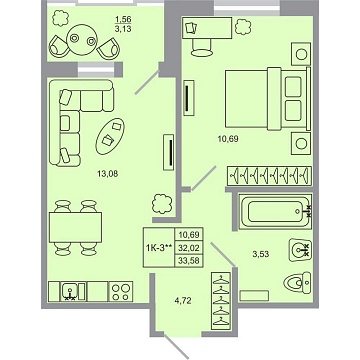 Объявление 1-к квартира, 33.58м2, 19/20 эт