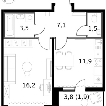 Объявление 1-к квартира, 42.1м2, 9/13 эт