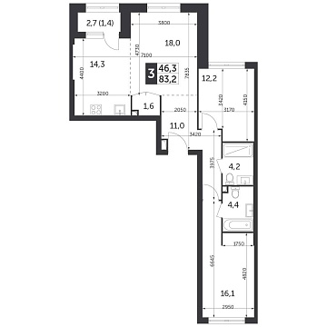 Объявление 3-к квартира, 83.2м2, 3/37 эт