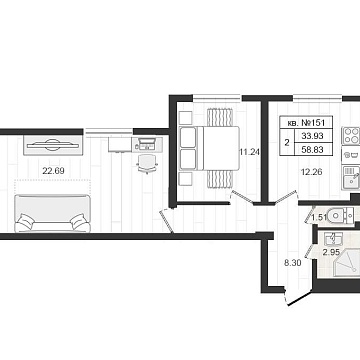 Объявление 2-к квартира, 59.2м2, 1/4 эт