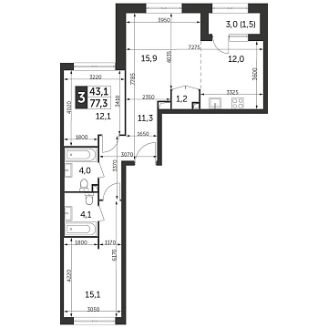 Объявление 3-к квартира, 77.3м2, 14/28 эт