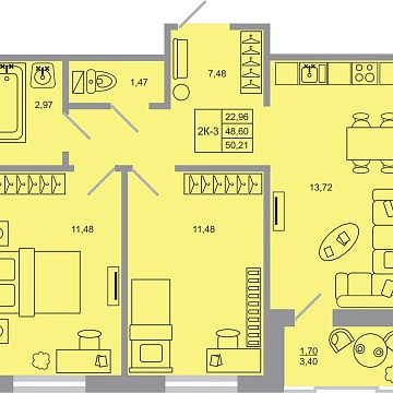 Объявление 2-к квартира, 50.21м2, 12/20 эт