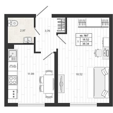 Объявление 1-к квартира, 36.6м2, 1/4 эт