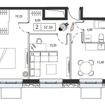 Объявление 2-к квартира, 57.1м2, 6/6 эт