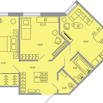 Объявление 2-к квартира, 60м2, 4/17 эт