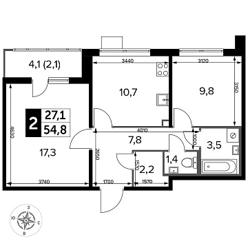 Объявление 2-к квартира, 54.7м2, 24/25 эт