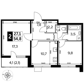 Объявление 2-к квартира, 54.7м2, 21/25 эт