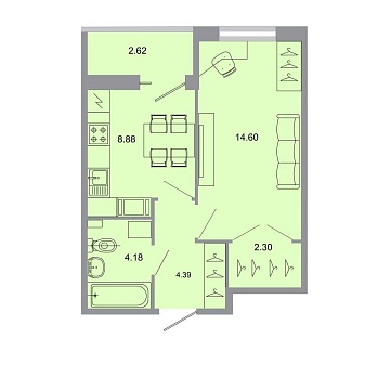 Объявление 1-к квартира, 35.1м2, 12/15 эт