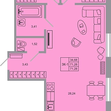 Объявление 3-к квартира, 71.28м2, 5/20 эт