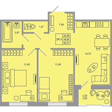 Объявление 2-к квартира, 50.21м2, 12/20 эт