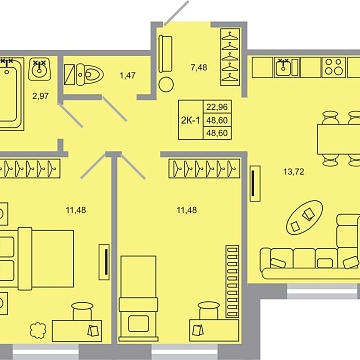 Объявление 2-к квартира, 48.6м2, 1/20 эт
