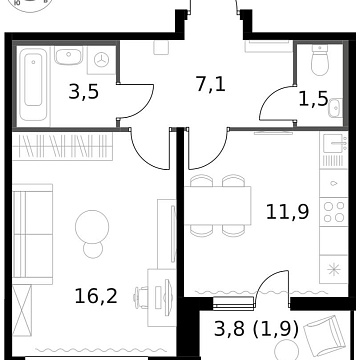 Объявление 1-к квартира, 42.1м2, 12/13 эт